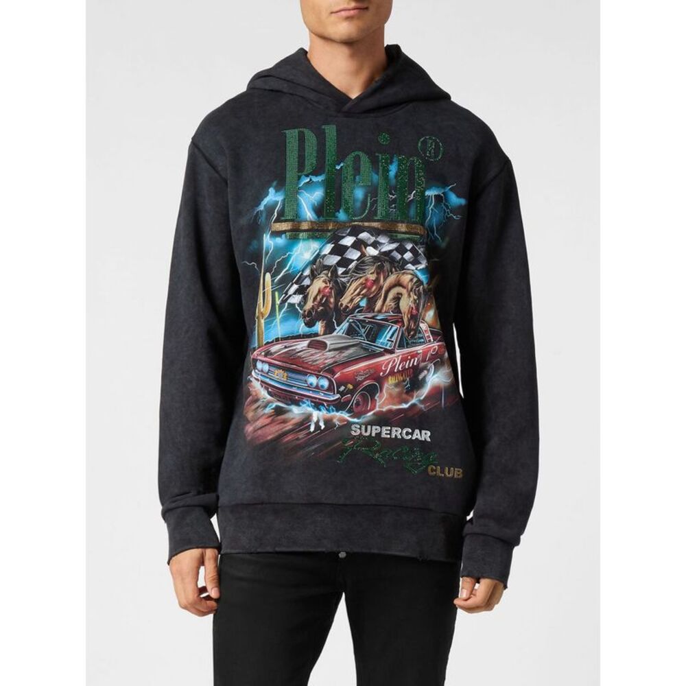 Philipp Plein Men Relaxed Fit Cotton Hoodie Philipp Plein With Rhinestone Logo